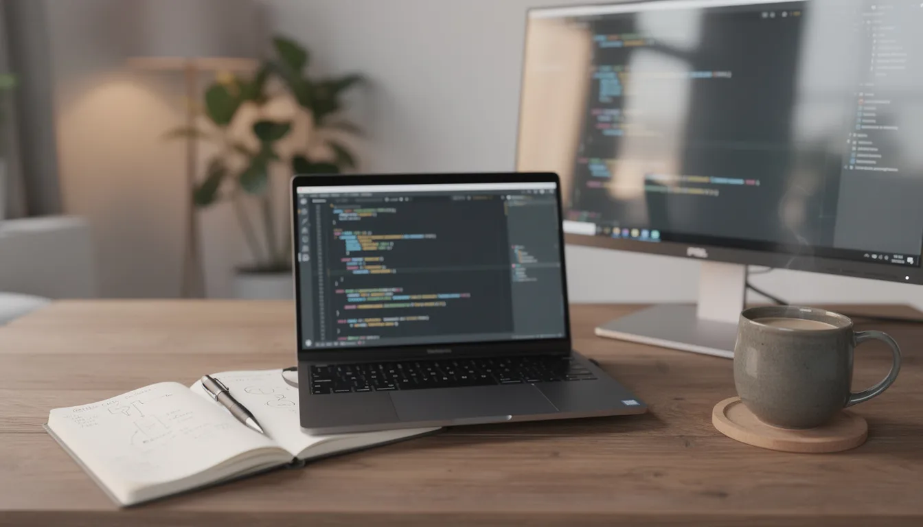 The image depicts a developer's workspace featuring a laptop, an external monitor, a notebook, and a coffee mug, creating an organized environment for handling project management tasks and enhancing operational processes. This setup is ideal for early career professionals in fields like software implementation and artificial intelligence, where managing client inquiries and relationships is essential.
