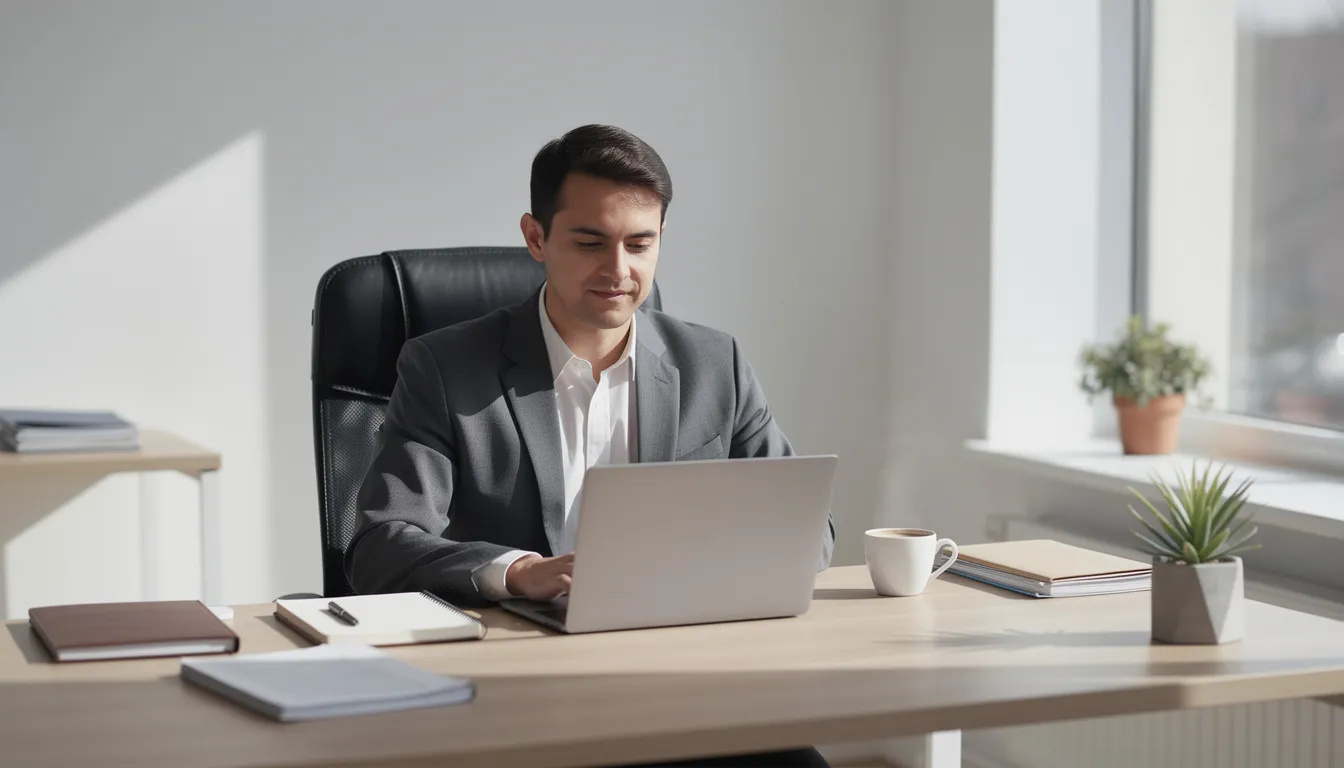 A professional sits at an organized desk, calmly engaging in the writing process with a laptop open and a steaming cup of coffee nearby. The workspace reflects productivity and focus, ideal for creating engaging text and developing ideas for blog posts or articles.