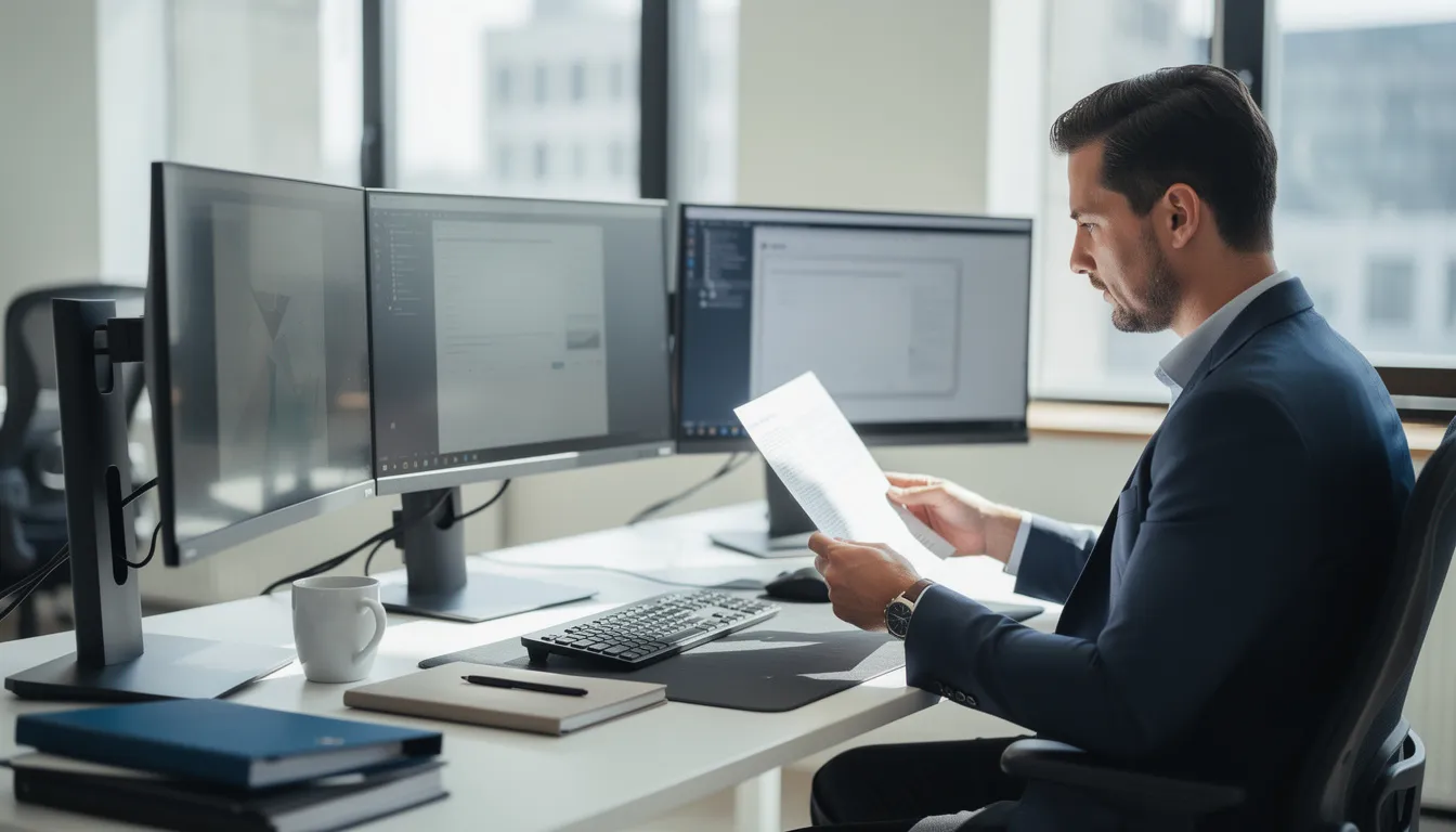 A professional is seated at a modern desk, surrounded by multiple monitors displaying various documents, indicative of a focused work environment. The scene reflects the integration of advanced technologies, such as generative AI systems and machine learning models, in the document review process.