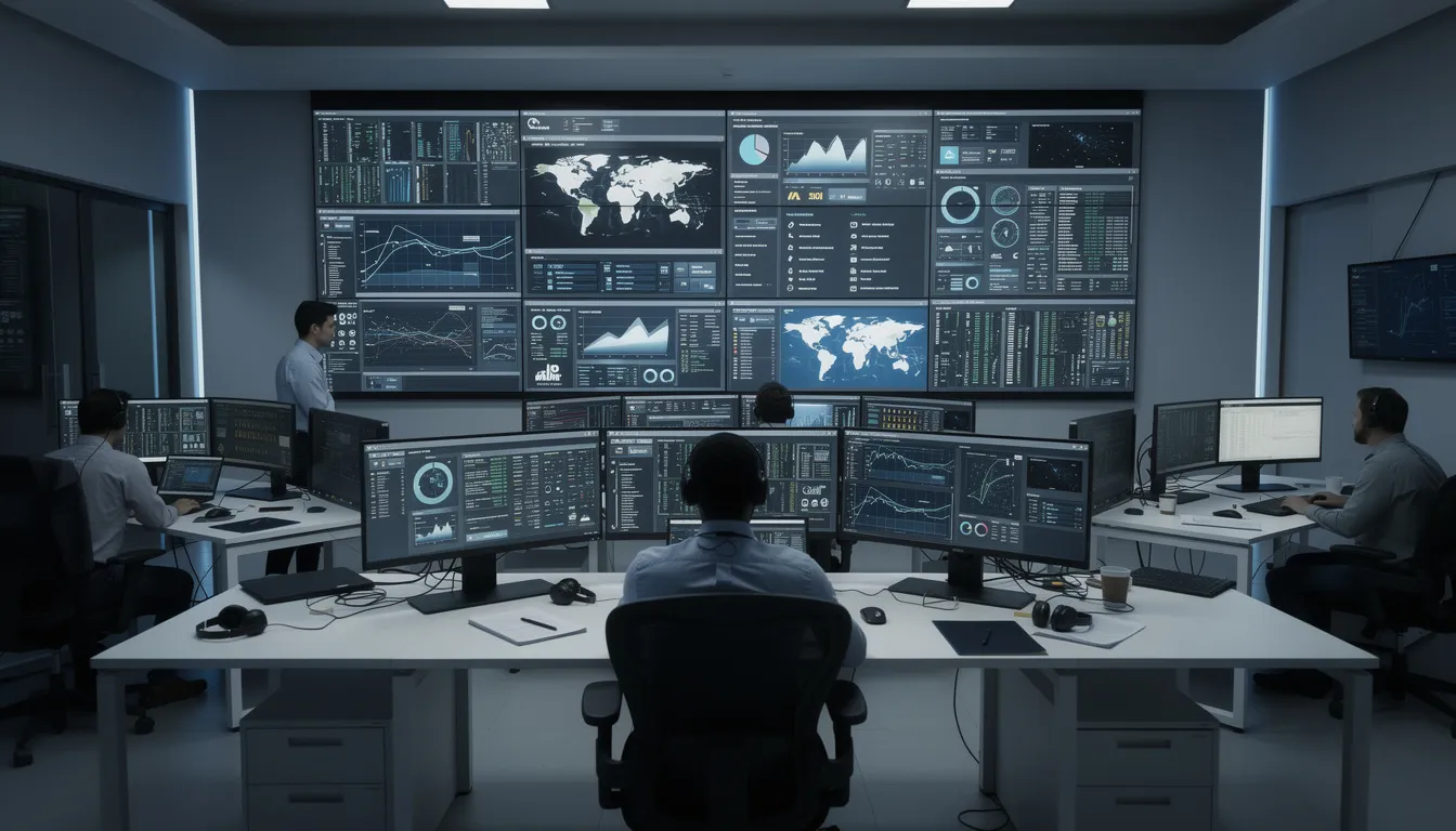 The image depicts a modern data center control room filled with multiple large monitoring screens displaying various dashboards related to AI systems and their performance metrics. This high-tech environment emphasizes the importance of responsible AI governance, showcasing tools and technologies that ensure effective oversight and compliance with ethical and legal standards in AI development and deployment.