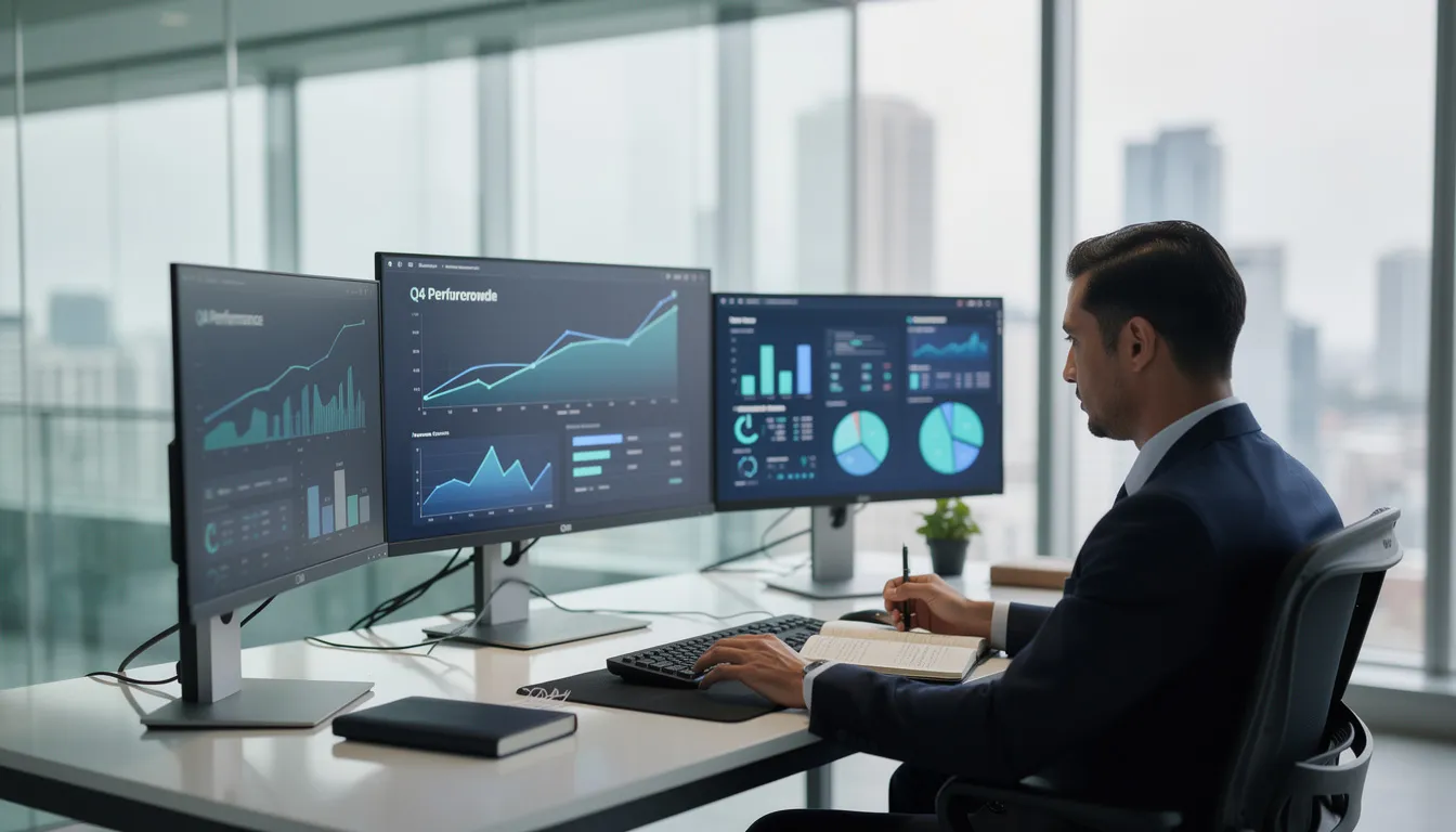 A business professional, possibly a chief executive officer or a senior vice president, is intently reviewing data visualizations displayed across multiple screens in a sleek, modern office. The environment suggests a focus on artificial intelligence and data science, reflecting the innovative culture of Silicon Valley companies.
