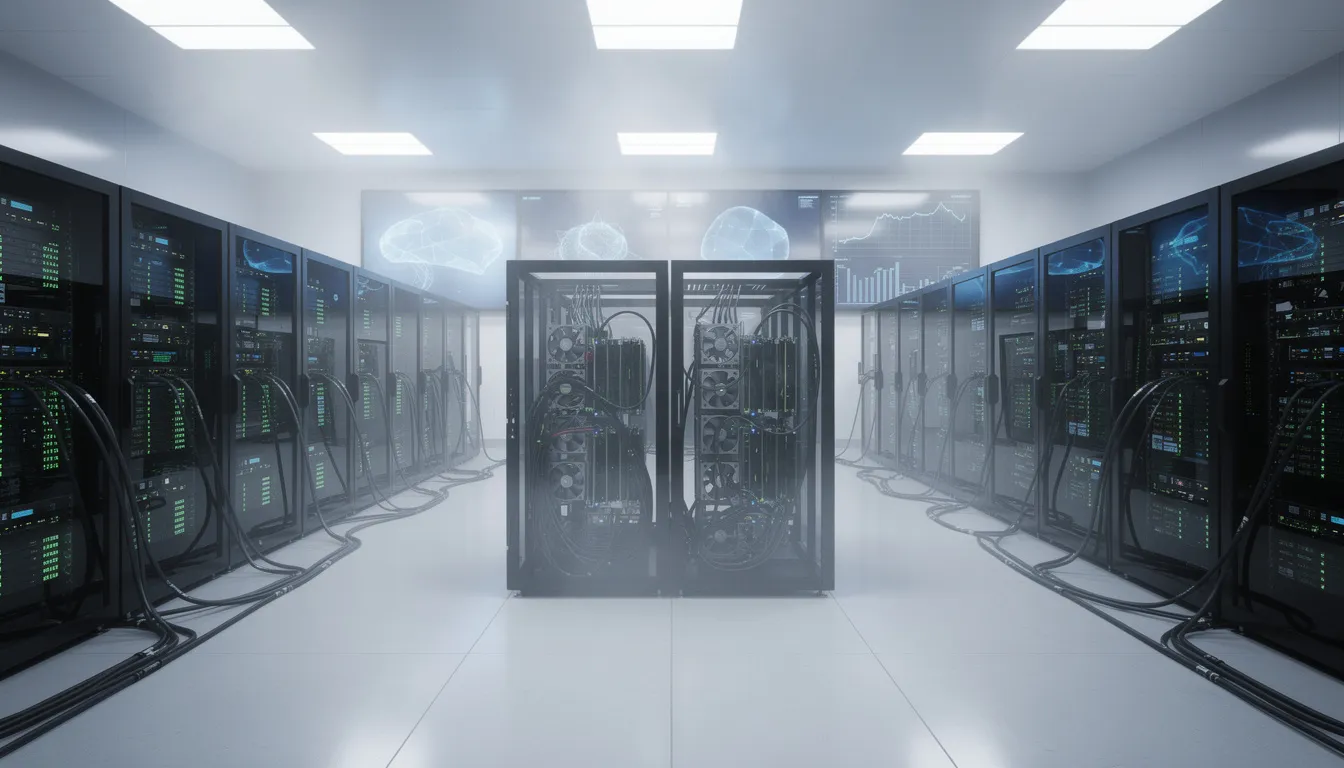 The image depicts a modern data center filled with rows of GPU servers, which are actively processing AI workloads. This high-performance environment is essential for running deep learning models and artificial intelligence applications, showcasing the computing power needed to analyze vast amounts of data efficiently.