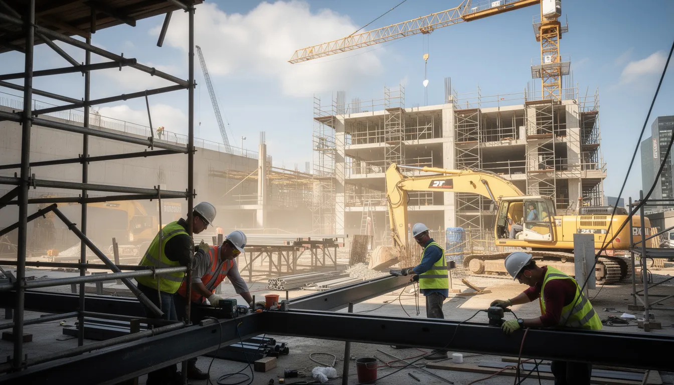 The image depicts construction workers actively engaged on a building site, surrounded by modern equipment and scaffolding, highlighting the importance of skilled labor in the job market. This scene reflects the growing demand for technical professions, as well as the need for safety and efficiency in construction, which is essential for future infrastructure development.