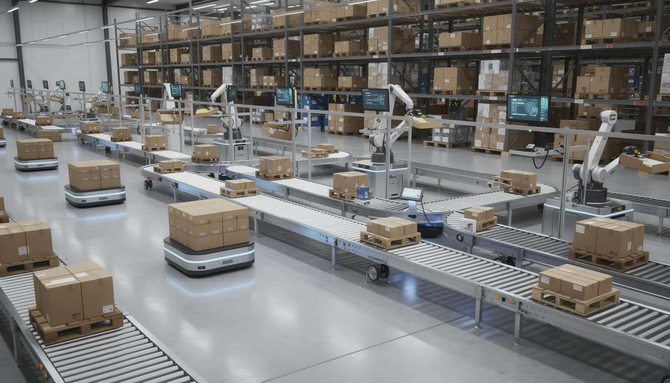 The image depicts warehouse robots efficiently moving packages along automated conveyor systems, showcasing advanced artificial intelligence technologies at work. These AI systems utilize machine learning algorithms to perform repetitive tasks that typically require human intelligence, enhancing productivity in logistics.