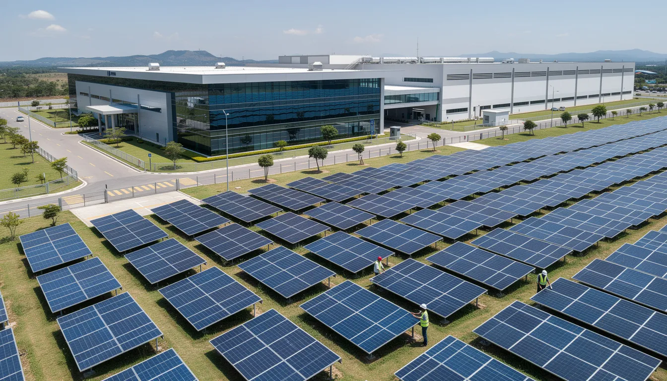 The image depicts solar panels installed on the roof of a modern facility, harnessing renewable energy to power the building. This integration of sustainable technology reflects advancements in energy consumption and the potential for AI systems to optimize energy efficiency in real-world applications.