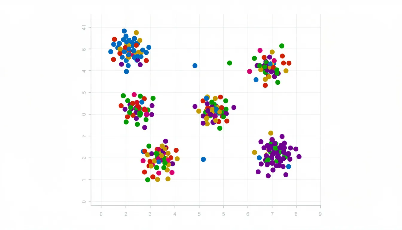 The image features colorful scattered dots grouped into distinct clusters on a coordinate plane, visually representing data clusters often analyzed in machine learning and data science. This arrangement illustrates how unsupervised learning techniques, such as k-means clustering, can be used to discover hidden patterns within input data.