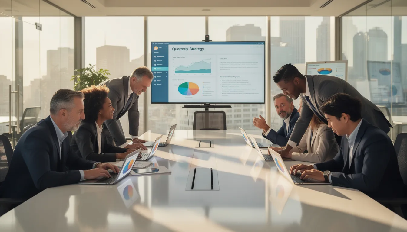 A diverse team of professionals is collaborating around a conference table, equipped with laptops and digital displays, as they discuss advanced trading strategies and analyze stock prices. The atmosphere is focused and dynamic, highlighting the importance of risk management and innovative trade ideas in the options market.