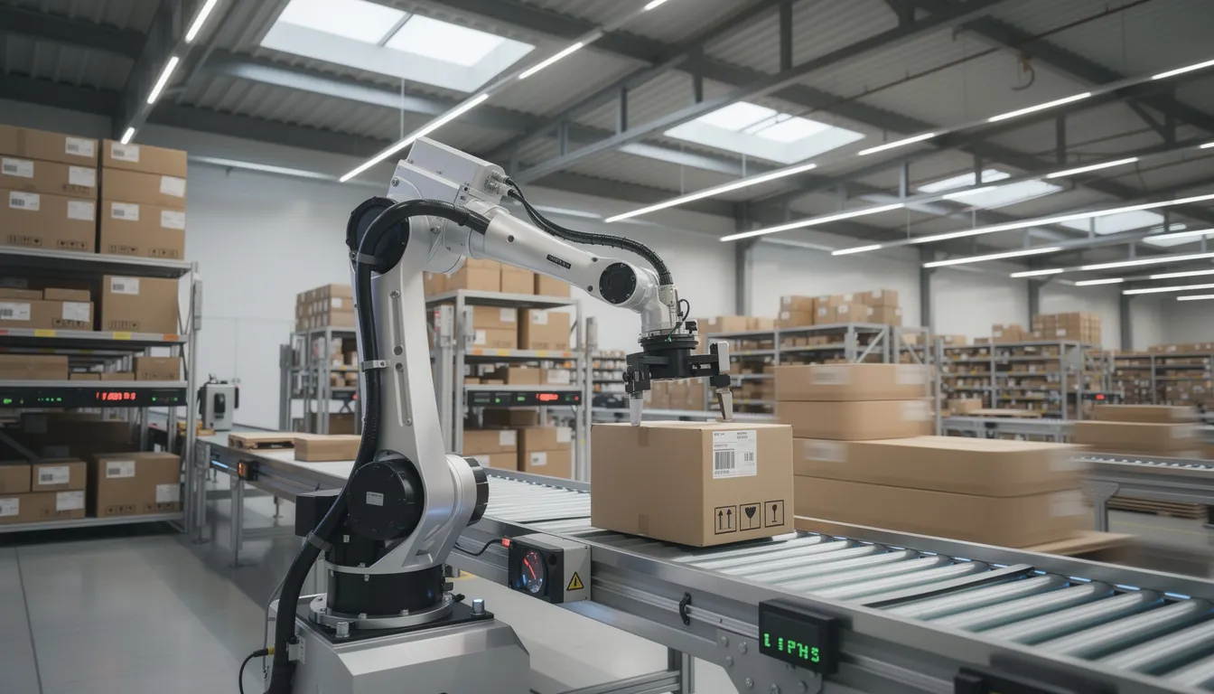 The image depicts a robotic arm in a modern warehouse facility, efficiently picking packages with precision. This automated system showcases advanced artificial intelligence technologies and machine learning algorithms designed to perform specific tasks, enhancing productivity in logistics environments.
