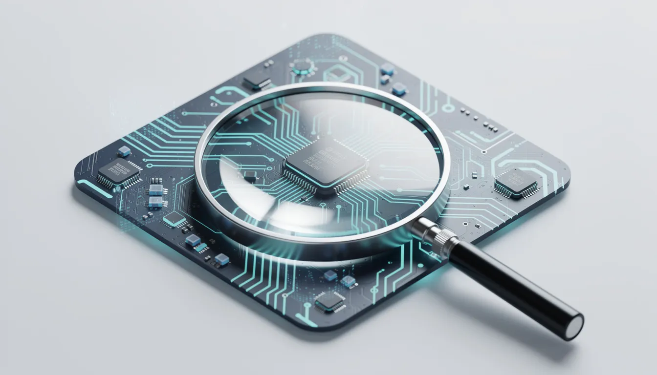 The image features a magnifying glass positioned over intricate circuit board patterns, representing the themes of transparency and analysis in artificial intelligence. This visual metaphor highlights the importance of addressing ethical concerns and ensuring responsible AI development in the face of emerging technologies.