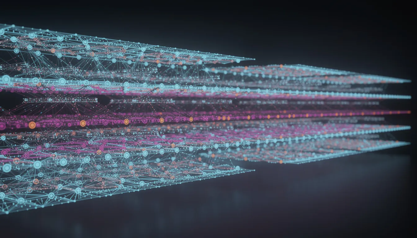 The image depicts an abstract visualization of interconnected nodes and layers, symbolizing a deep neural network, which is a key concept in artificial intelligence and machine learning. This representation highlights the complexity and interconnectedness of data processing in computer science and deep learning techniques.