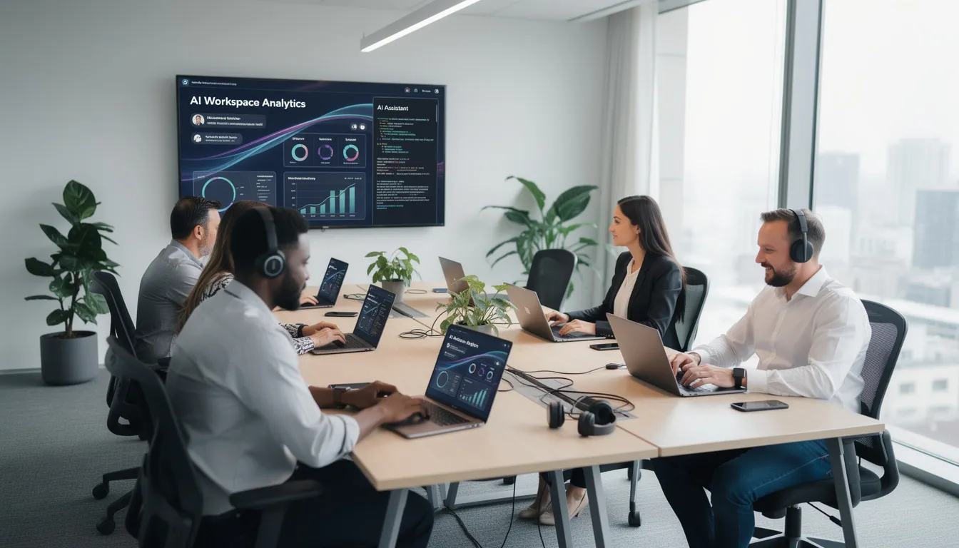 The image depicts a modern office workspace where team members are focused on their laptops, with an AI interface visible on the screens. This setting highlights the integration of artificial intelligence in project management, showcasing collaborative efforts among project teams to enhance project success and optimize resource allocation.