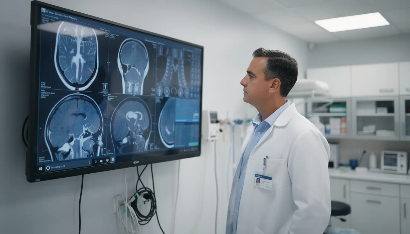 A doctor is intently reviewing medical scan results displayed on a large monitor in a modern hospital setting. This scene highlights the integration of advanced AI technologies in healthcare, showcasing how artificial intelligence can enhance decision making and improve patient outcomes.