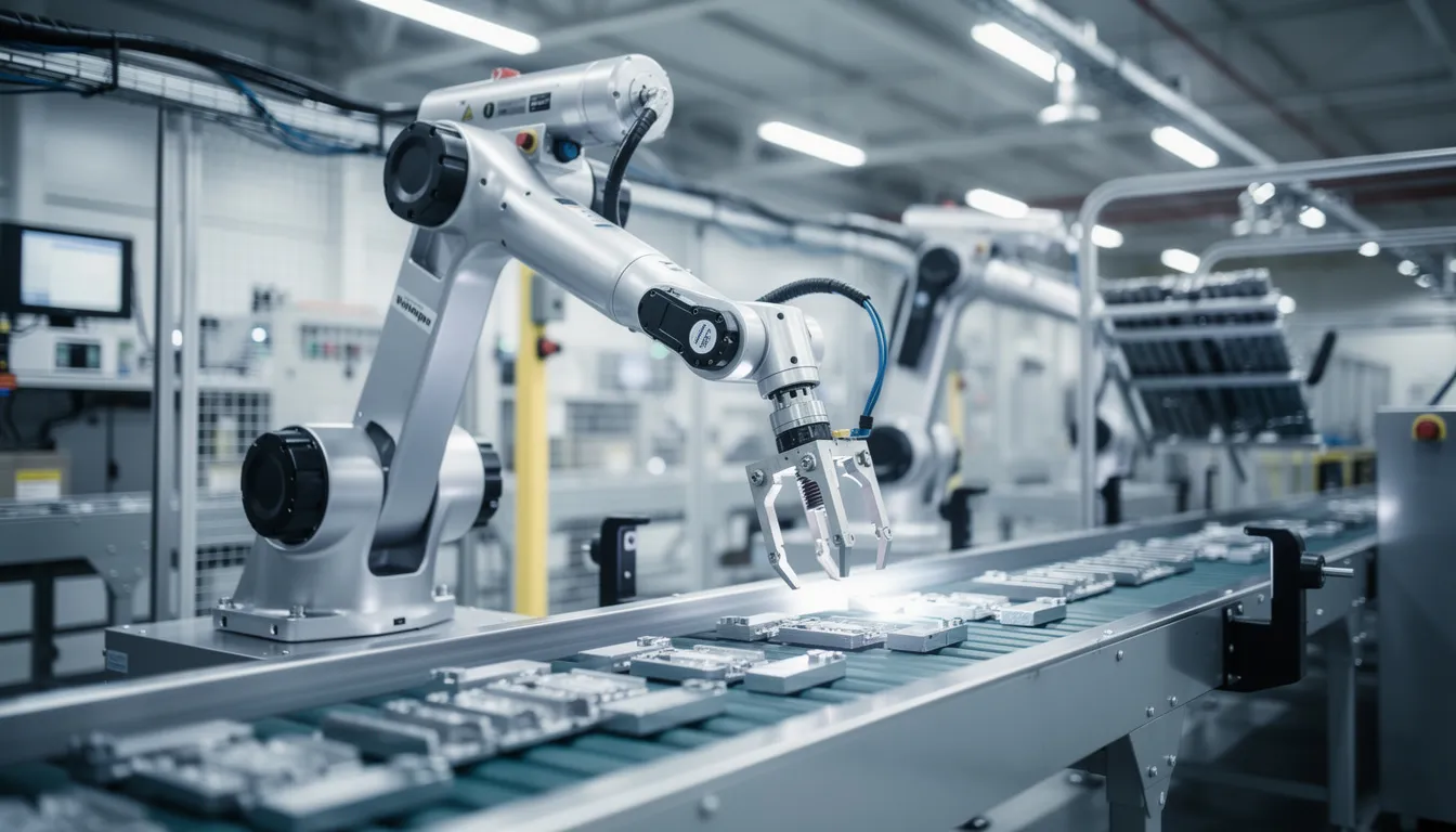 The image depicts a robotic arm efficiently working on an assembly line in a modern factory, showcasing the integration of artificial intelligence and machine learning in manufacturing processes. This robotic system performs repetitive tasks with precision, exemplifying the capabilities of AI tools in real-world applications.