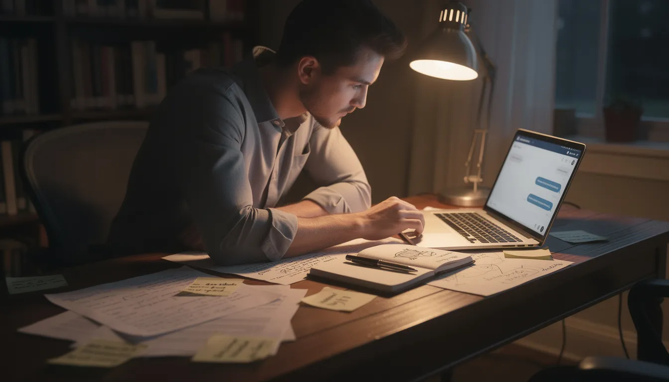A writer sits at a cluttered desk, focused on a laptop displaying an AI chat interface, while scattered papers and notes surround them. This scene captures the essence of brainstorming character arcs and crafting rich fictional universes with personalized AI assistants, highlighting the vibrant potential of an entire AI community.