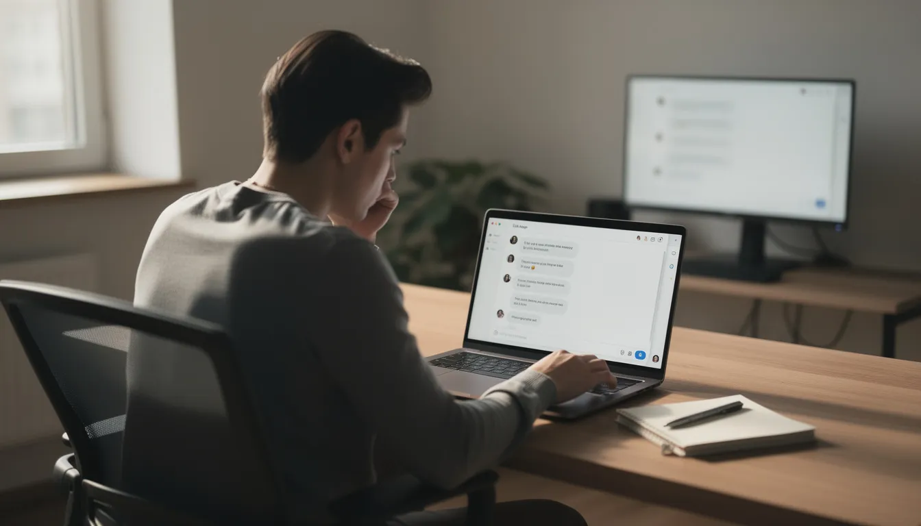 A focused individual is working at a modern desk setup, with a laptop displaying a chat interface, illustrating the integration of AI tools in the workplace to enhance productivity and streamline routine tasks. The scene reflects the growing adoption of artificial intelligence in business environments.
