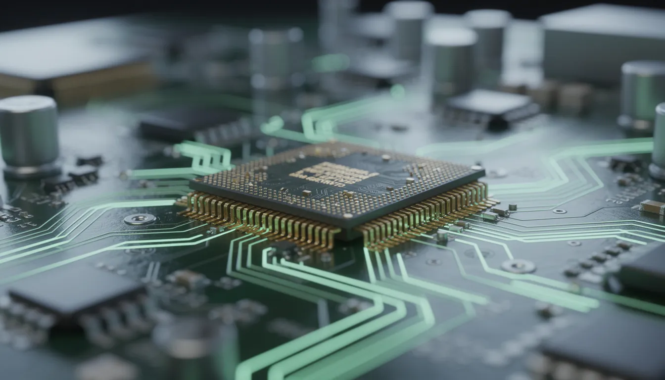 The image features a close-up view of computer chips and circuit boards, showcasing intricate designs and connections that are essential for powering artificial intelligence technologies and machine learning applications in today's rapidly evolving tech landscape. These components are vital for the operations of top AI companies, enabling advancements in data analytics and generative AI.