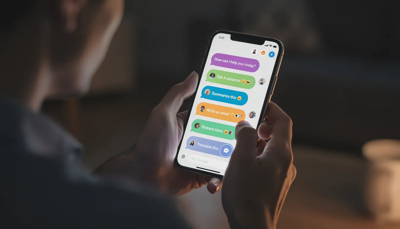 A person is interacting with a smartphone, which displays multiple AI chat bubbles on the screen, showcasing various AI chatbots and their responses. The scene illustrates the seamless interaction and advanced reasoning capabilities of AI assistants, highlighting the engaging nature of real-time conversations through the app.
