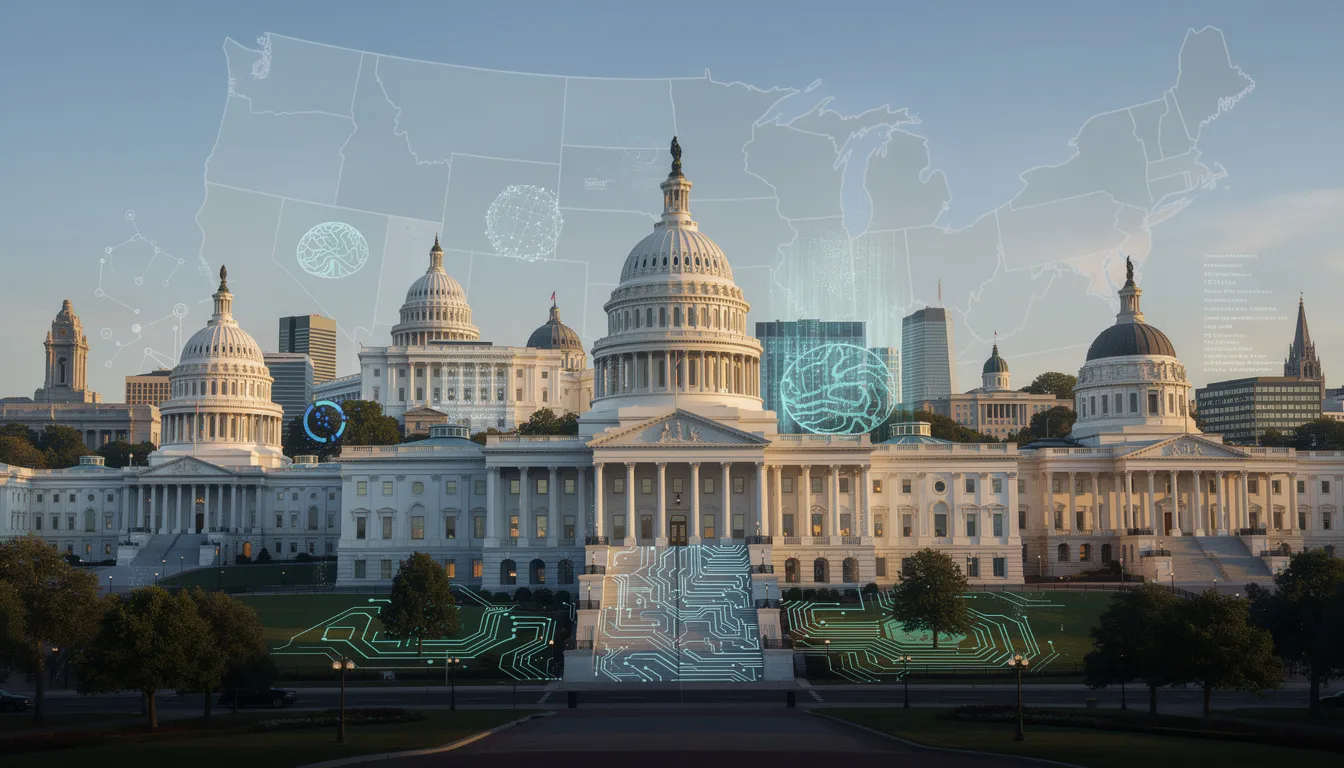The image showcases a collection of diverse state capitol buildings, symbolizing the varied state-level AI laws and governance approaches across the United States. This visual representation highlights the patchwork of regulations and policies related to artificial intelligence, reflecting the efforts of state governments to address AI innovation and its implications for the American people.