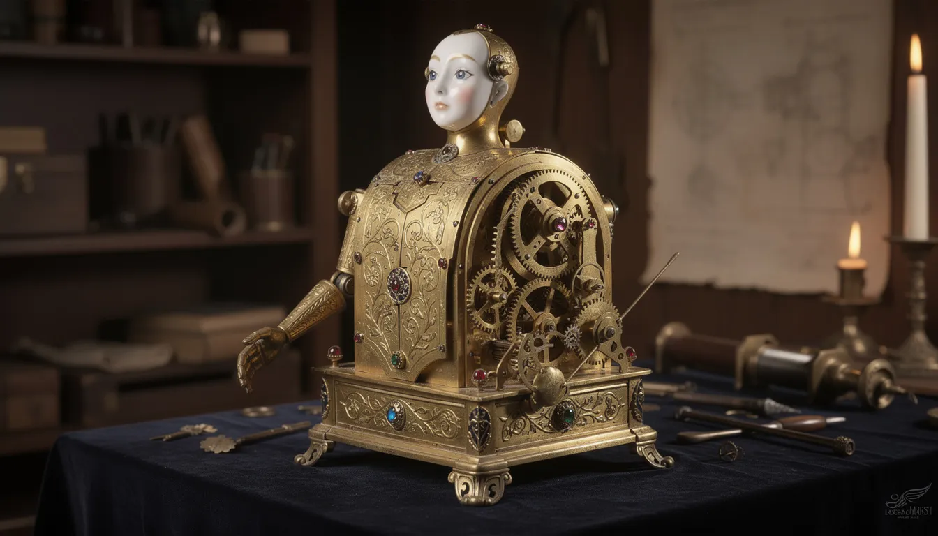 The image depicts an ornate 18th-century mechanical automaton, intricately designed with brass gears and clockwork mechanisms, showcasing the early intersection of art and engineering in creating intelligent systems. This stunning piece reflects the historical roots of artificial intelligence and the quest to replicate human intelligence through complex mechanical designs.