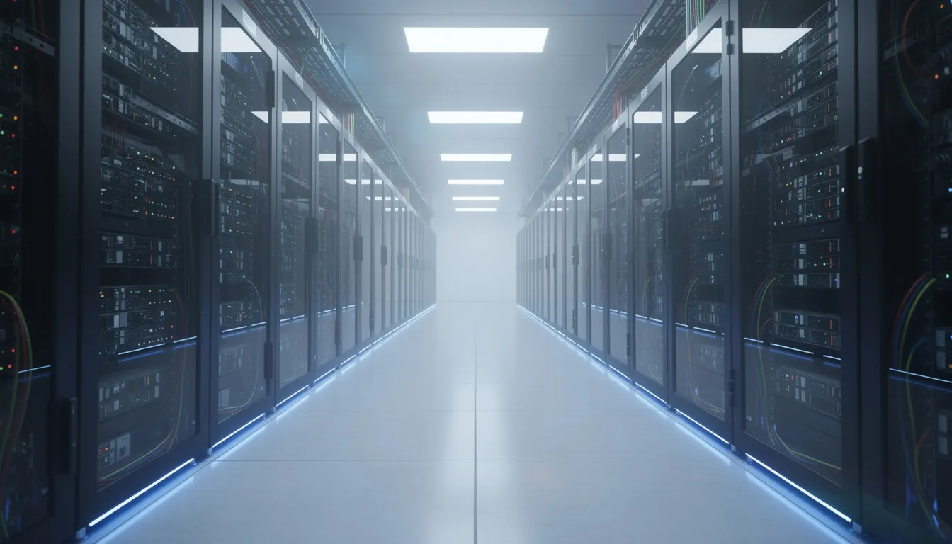 The image depicts a modern data center interior featuring rows of servers illuminated by blue lighting, symbolizing a sophisticated computing environment that supports artificial intelligence and machine learning capabilities for businesses. This space serves as a critical infrastructure monitoring and security platform for technology companies, enabling digital transformation and driving meaningful outcomes.