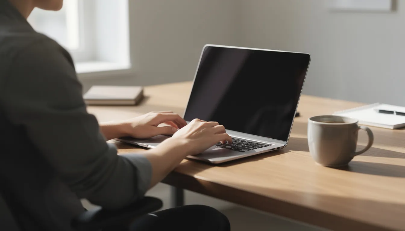 A person is typing on a laptop at a desk, with a coffee mug nearby, engaged in the writing process, possibly using an AI writing tool to generate high-quality articles or blog posts. The scene conveys a focus on productivity and creativity, highlighting the integration of technology in the writing process.