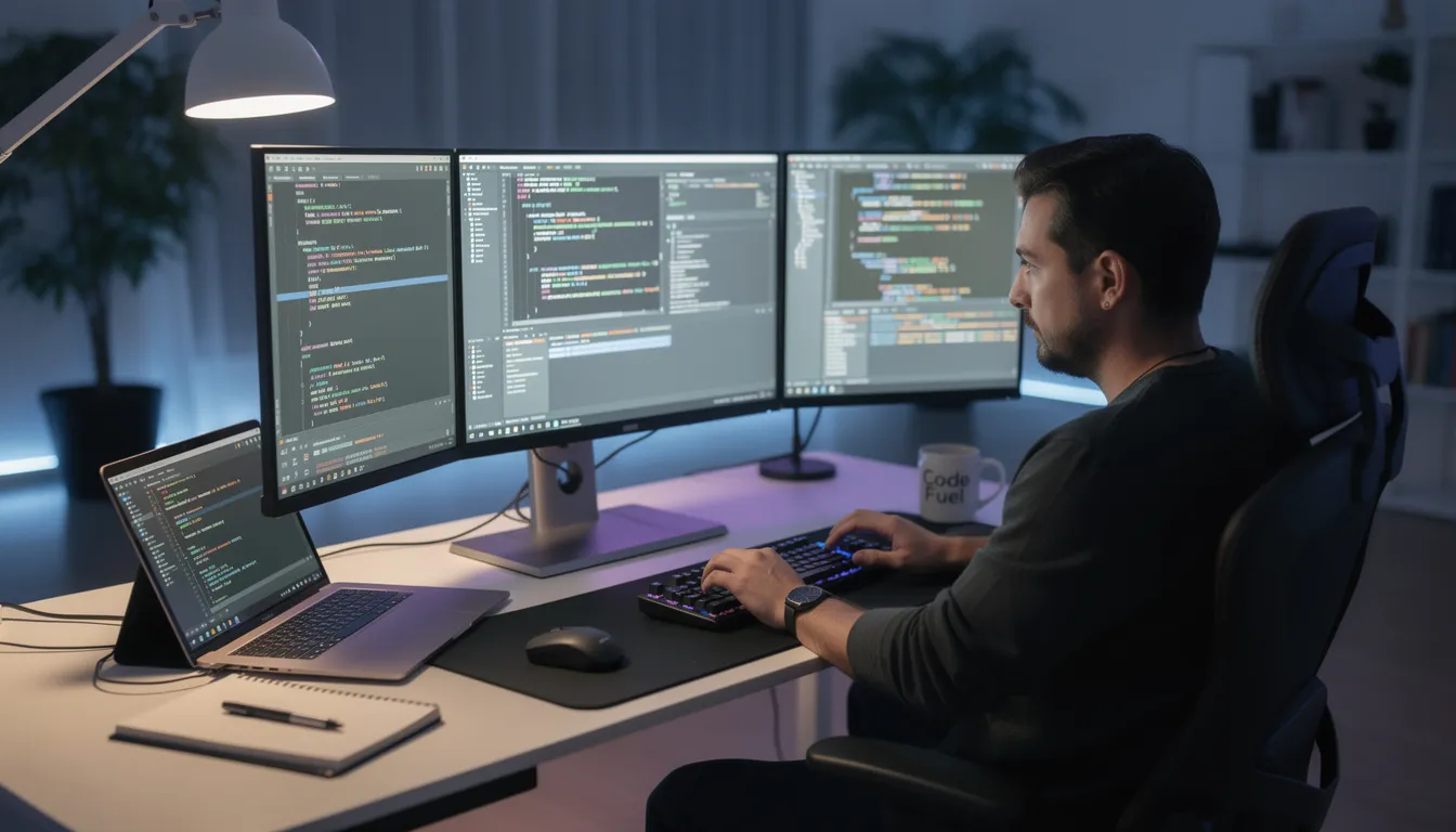 The image shows a developer seated at a desk, focused on coding with multiple monitors displaying lines of code and various programming tools. This setup highlights the advanced features and capabilities of modern development environments, essential for handling complex queries and enhancing productivity.