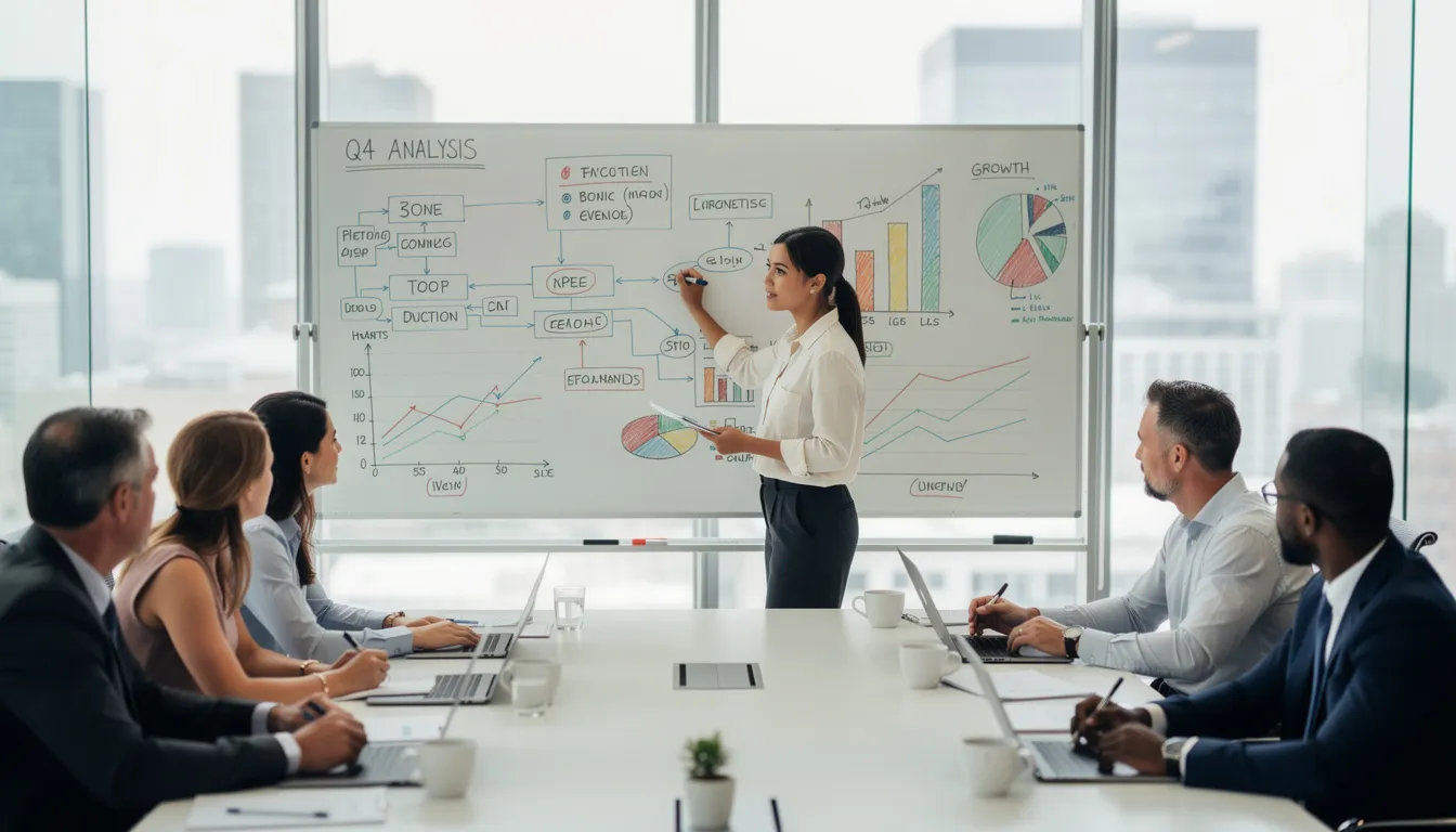 A diverse team of data science professionals collaborates around a whiteboard filled with data diagrams and charts, discussing insights from data analysis and machine learning. They are focused on developing AI solutions and building predictive models to analyze vast datasets and solve real-world problems.