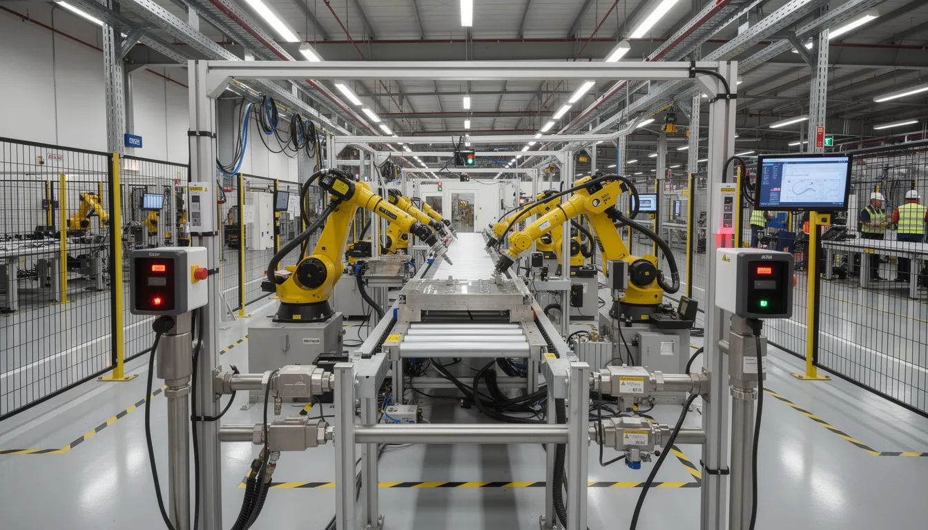 The image depicts a factory floor equipped with advanced robotic assembly equipment and numerous industrial sensors, showcasing the integration of artificial intelligence and cloud computing in optimizing manufacturing processes. This environment highlights the use of AI technologies for enhancing operational efficiency and quality control in industrial settings.