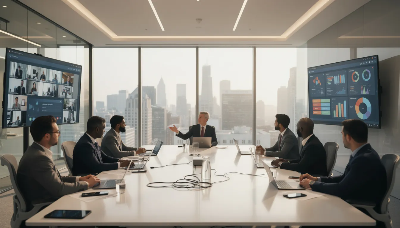 An executive team is gathered in a modern conference room equipped with advanced technology displays, discussing strategies for leveraging AI tools to enhance business processes and improve employee productivity. The atmosphere reflects a focus on the current AI market trends and initiatives that drive competitive advantage in the global economy.