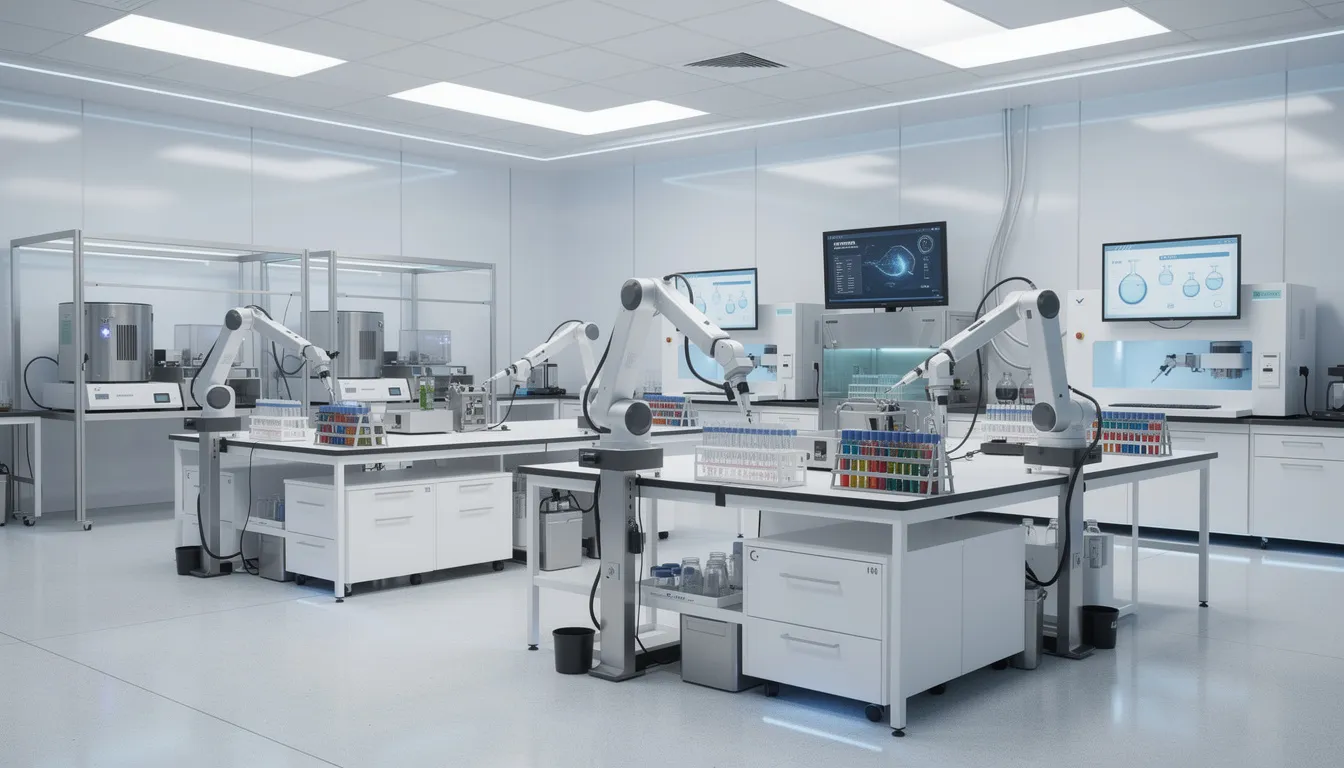 The image depicts a modern laboratory filled with advanced robotic arms and automated equipment actively conducting scientific research experiments. This cutting-edge environment showcases the integration of artificial intelligence and machine learning technologies, highlighting the role of AI researchers in pushing the boundaries of computer science and robotics.