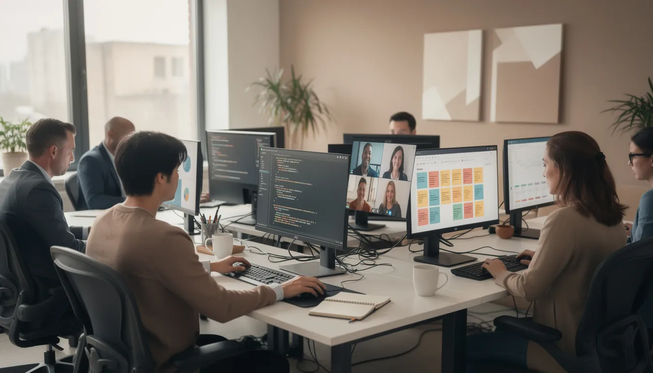 A diverse team of professionals is engaged in their work at modern desks, each equipped with multiple computer screens displaying various applications related to conversational AI and customer experience. The environment reflects a focus on efficiency and collaboration, as they utilize advanced tools to enhance response quality and support complex tasks in real-time.