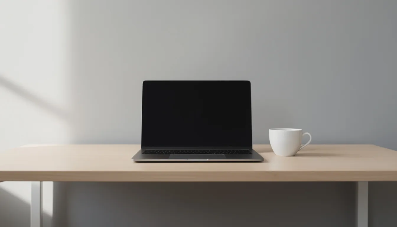 The image features a serene, minimalist desk setup with a single laptop and a coffee cup, exuding a sense of focus and productivity. This uncluttered workspace is ideal for writing and generating high-quality content, making it perfect for overcoming writer's block.