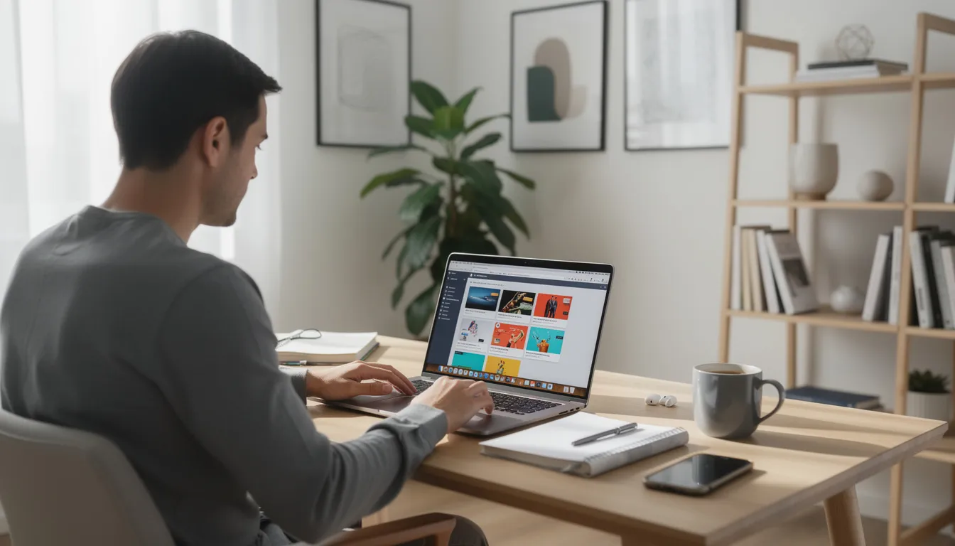 A person is focused on their laptop in a modern home office, with multiple browser tabs open, showcasing various resources related to artificial intelligence and generative AI tools. The workspace is organized and well-lit, reflecting a productive environment for learning and exploring new skills in AI.