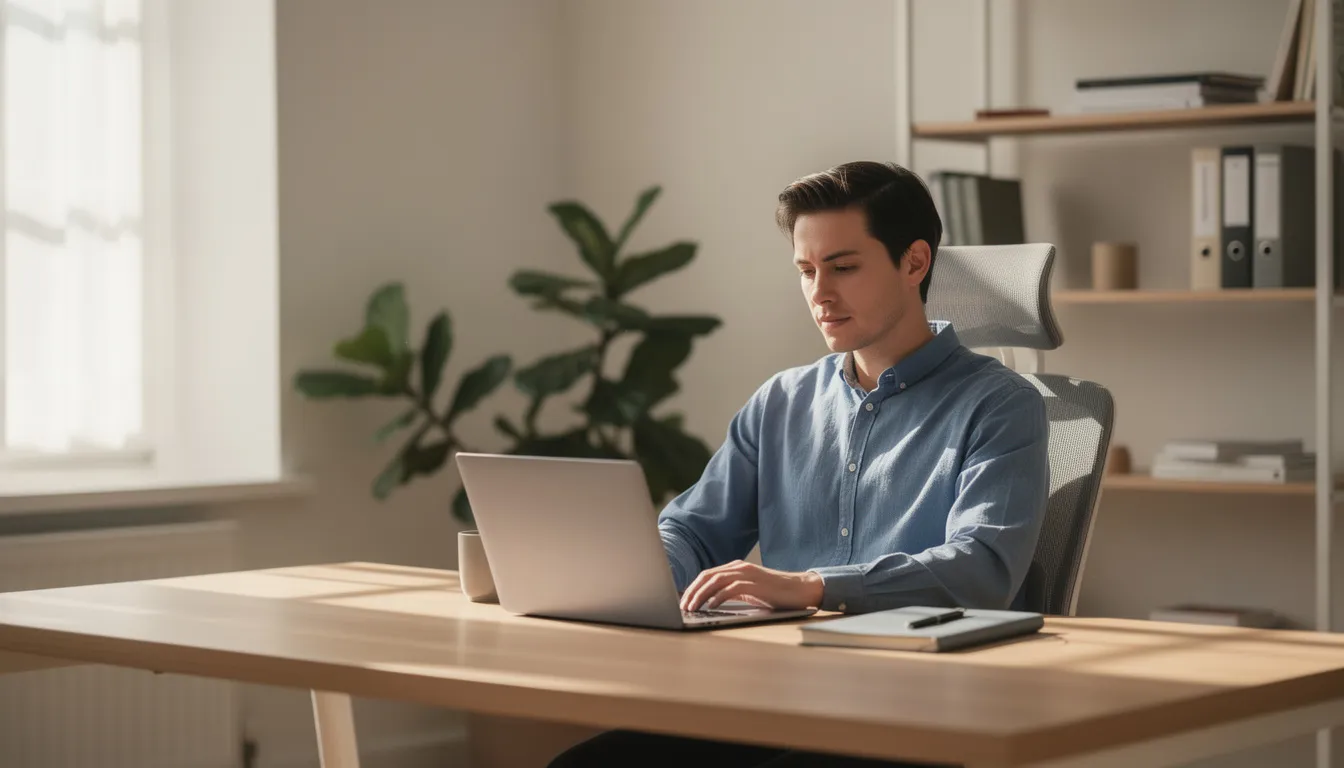 The image shows a person working calmly at a desk with a laptop in a peaceful office setting, surrounded by a neat workspace that promotes focus and productivity. This serene environment highlights the integration of artificial intelligence tools, such as data analysis and machine learning algorithms, in everyday work life.
