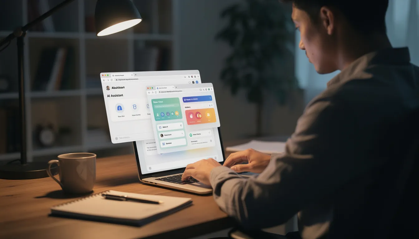 A person is seated at a desk, focused on a laptop with multiple browser windows open, showcasing various AI tools and user interfaces. The dynamic setup highlights hands-on experience with AI assistants for tasks like research, writing, and data analysis.