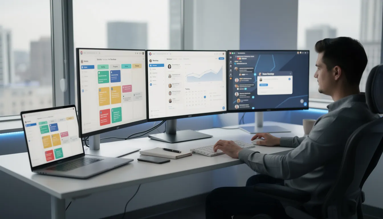 A person is seated at a modern desk equipped with multiple screens displaying productivity software and chat interfaces, illustrating the use of artificial intelligence tools like Microsoft Copilot and conversational AI for enhanced work performance. The environment reflects a tech-savvy workspace designed for developers to explore AI concepts and collaborate efficiently.