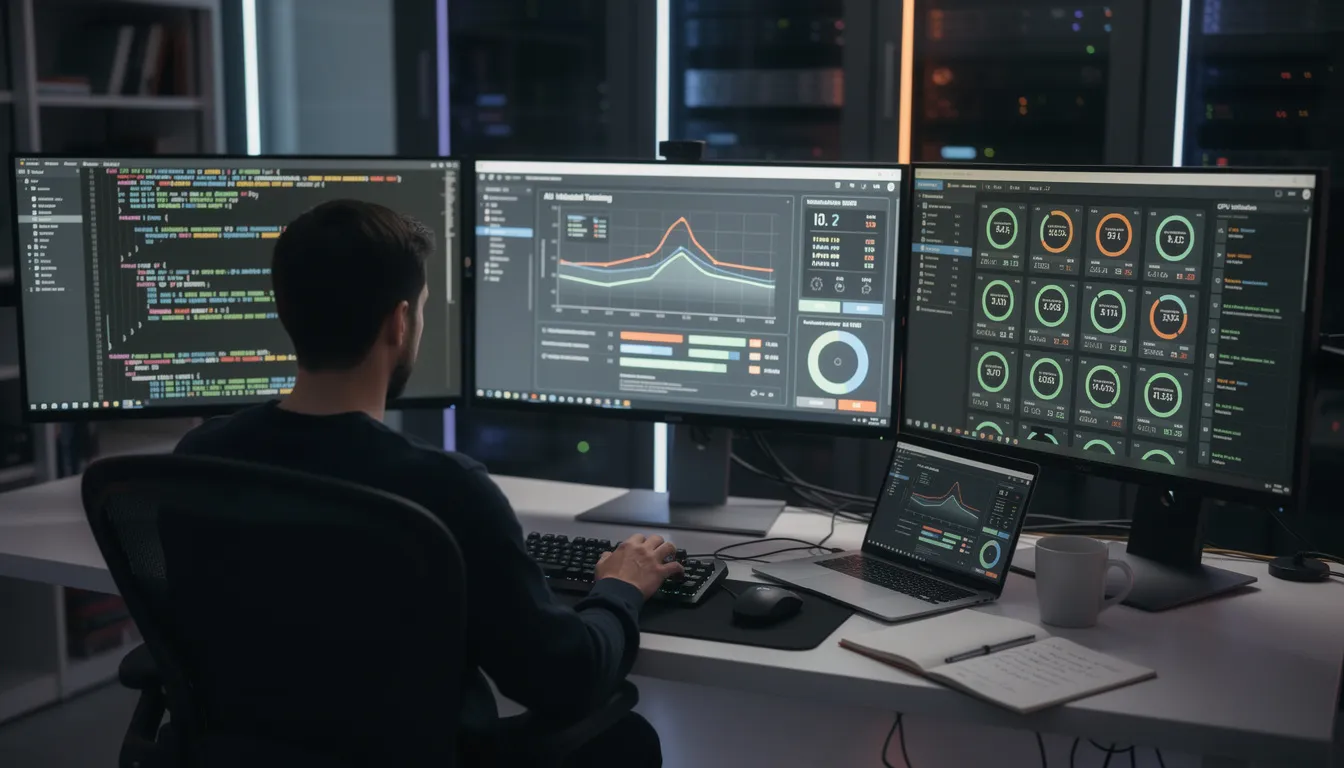 A developer is seated at a desk surrounded by multiple monitors displaying the training process of an AI model, showcasing deep learning and data analysis in action. This scene highlights the integration of artificial intelligence tools and the skills necessary for effective programming in the field of data science.