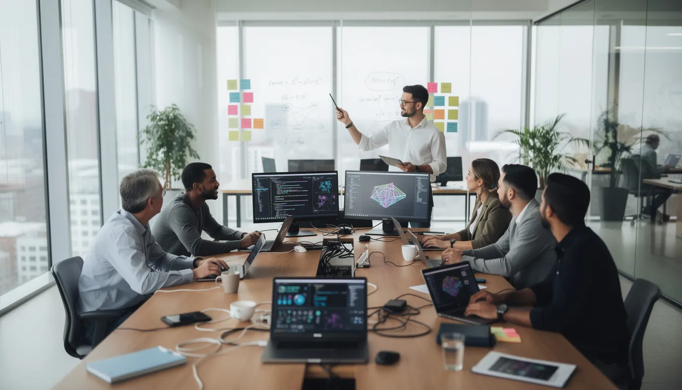 A diverse team of AI professionals is actively collaborating in a modern tech office, discussing various aspects of artificial intelligence, including machine learning techniques and natural language processing. They are engaged in solving complex problems and developing AI systems that can be applied across nearly every industry, showcasing the high demand for AI careers and job-ready skills in the current job market.