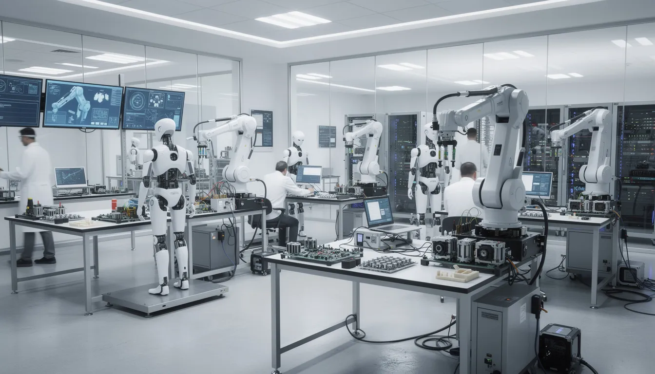 The image depicts a modern robotics laboratory filled with humanoid robots and various engineering equipment, showcasing the intersection of artificial intelligence and advanced technology. This environment reflects the ongoing research and development in AI systems, highlighting the potential impact of AI models on everyday life and the future job market.