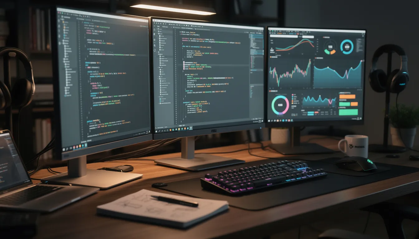 The image depicts a developer workstation equipped with multiple monitors displaying lines of computer code and performance graphs related to artificial intelligence and machine learning. The setup illustrates the complex tasks involved in AI development, showcasing the integration of programming languages and data analysis in creating AI models.