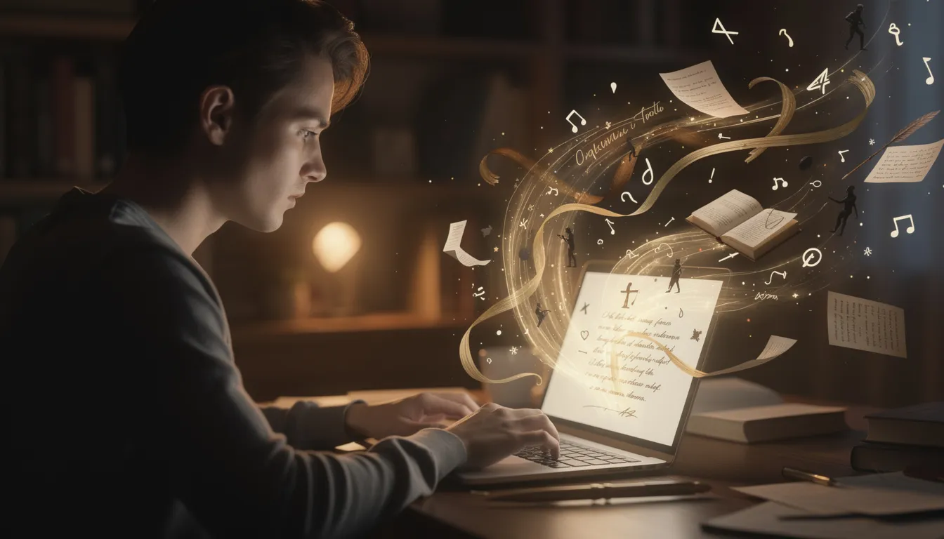 A person is focused on typing on a laptop, with creative writing elements such as words and ideas visually flowing across the screen, illustrating the writing process enhanced by AI tools. This scene captures the essence of personal writing and the use of generative AI to develop engaging text efficiently.