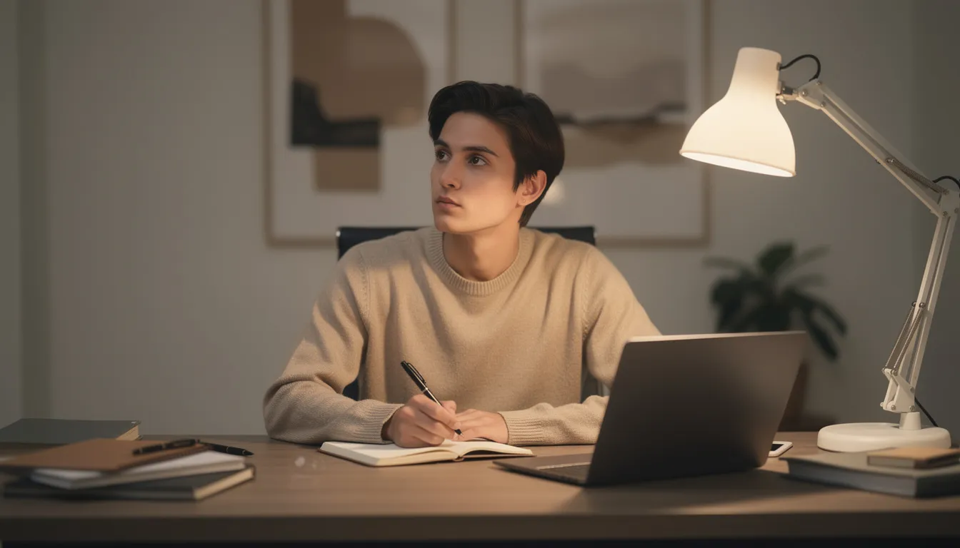 A professional sits at an organized desk featuring a laptop and a notebook, with a thoughtful expression illuminated by warm lighting. This scene reflects the integration of AI technology in the workplace, showcasing how business leaders can leverage AI tools to enhance personal productivity and decision-making processes.