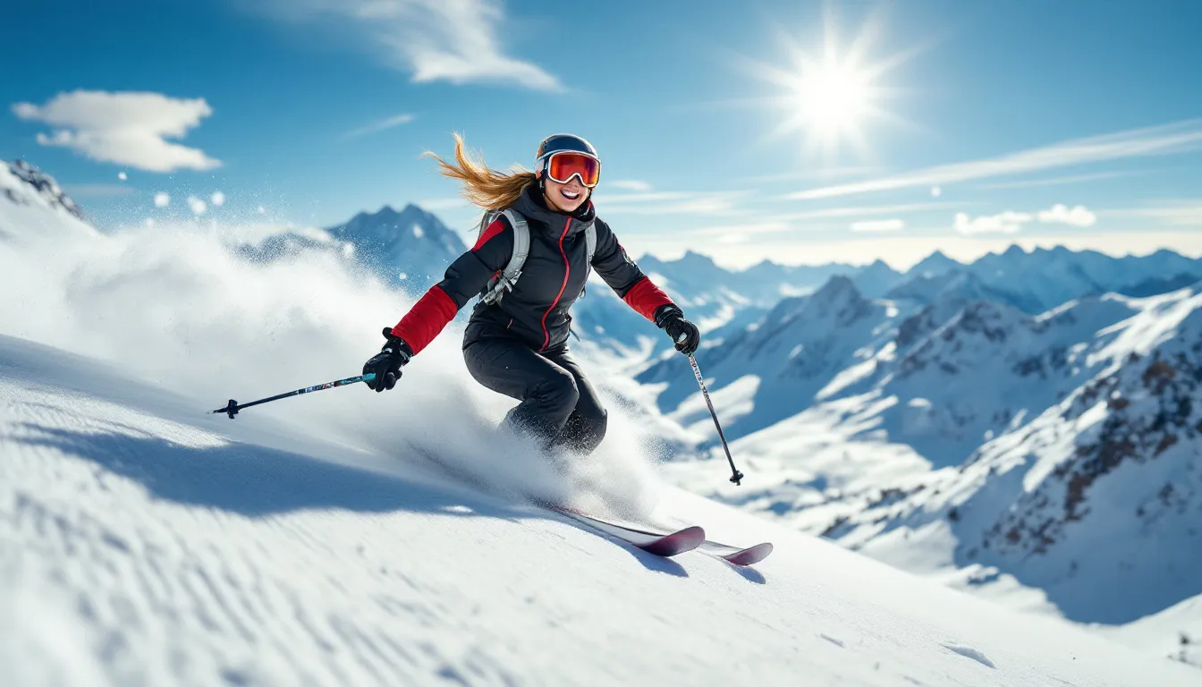 Na zdjęciu widać narciarza zjeżdżającego po głębokim śniegu w słoneczny, błękitny dzień. Jego technika jazdy jest płynna, a umiejętność kontrolowania prędkości pozwala mu na bezpieczne poruszanie się po stoku.