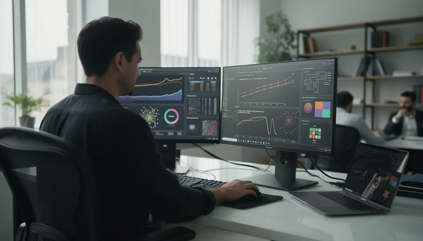 A professional is focused on writing machine learning code, surrounded by data visualizations that illustrate various concepts in artificial intelligence, including natural language processing and deep learning. The workspace reflects a blend of technology and creativity, emphasizing the importance of AI skills in solving real-world problems.