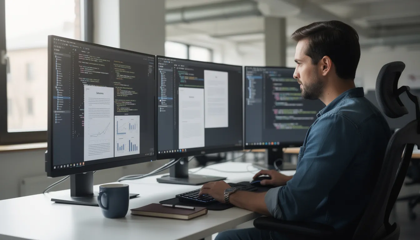 A professional sits at a desk surrounded by multiple monitors displaying a mix of documents and code snippets, reflecting a workspace dedicated to tasks involving artificial intelligence and machine learning. The setup suggests a focus on utilizing tools like Google Workspace and other Google services for research and analysis.