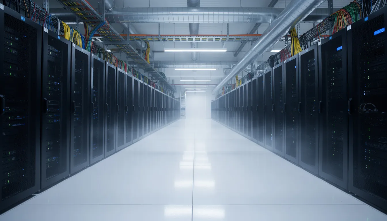 The image depicts a modern data center filled with rows of sleek servers and advanced cooling systems, showcasing the infrastructure essential for powering artificial intelligence applications and data analysis. This environment supports the development and training of AI models, enabling innovations in AI technologies and enhancing overall efficiency in various sectors.