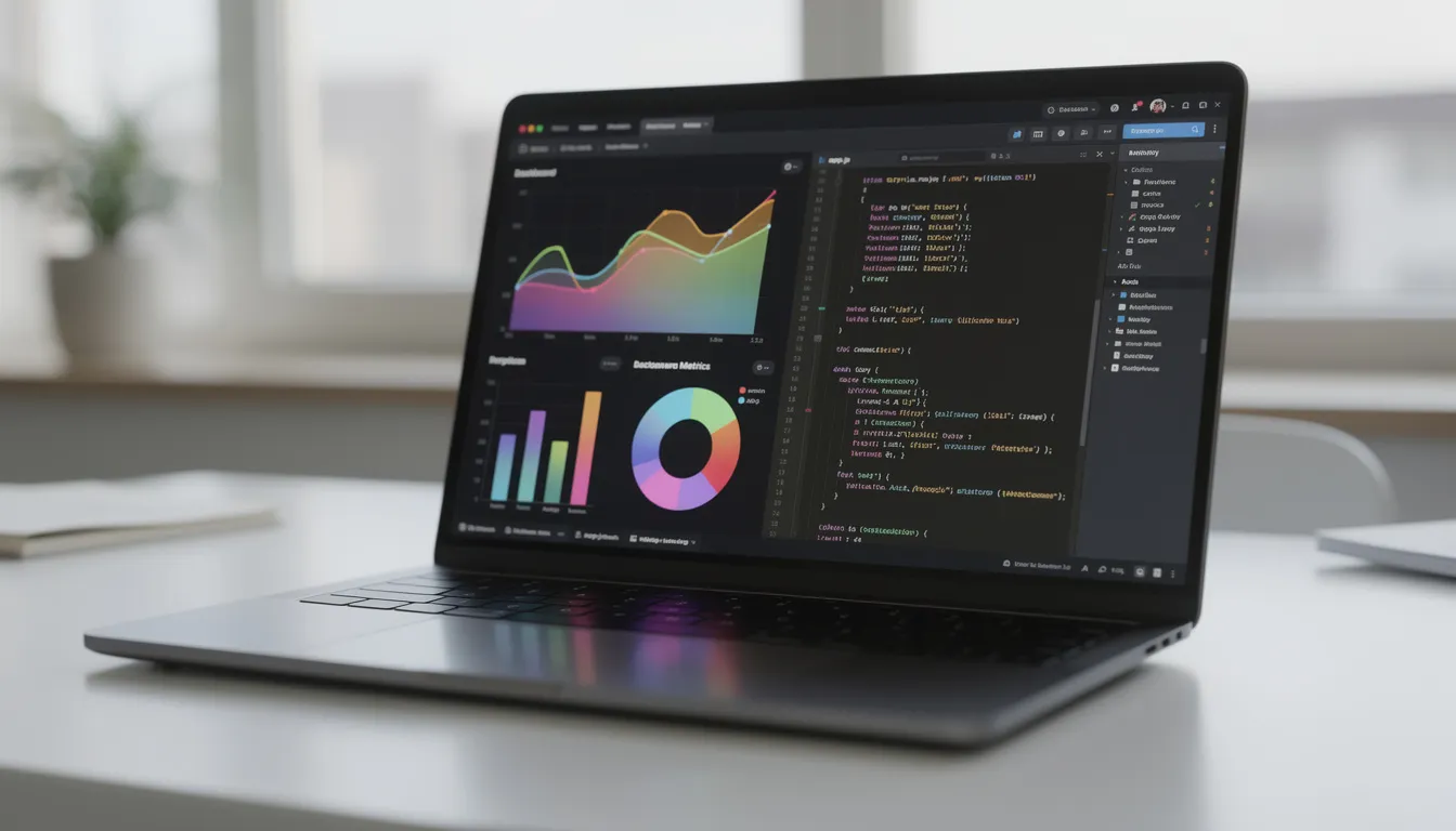The image shows a laptop screen filled with vibrant data visualizations alongside lines of code, set in a modern development environment. This scene represents practical artificial intelligence programming with Python, highlighting concepts like machine learning and data analysis.