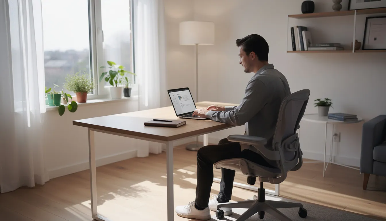 A person is focused on their laptop in a modern home office, illuminated by natural light streaming through a window, creating a productive environment for tasks and research. The setup reflects a balance of comfort and functionality, ideal for enhancing creativity and efficiency.