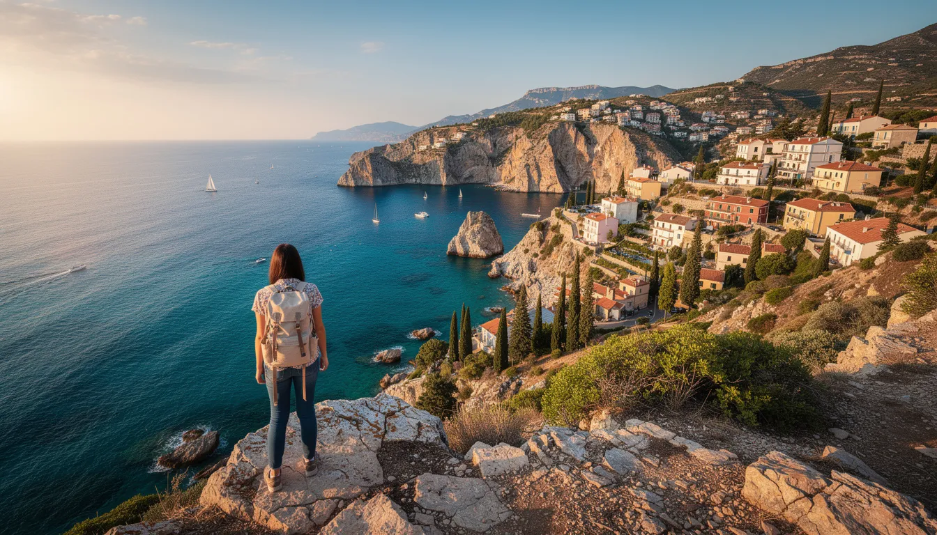A traveler stands at the edge of a scenic Mediterranean coastline, gazing out at the vibrant blue water that stretches into the distance, framed by rugged cliffs and lush greenery. The image captures the beauty of the landscape, inviting exploration and a sense of tranquility.