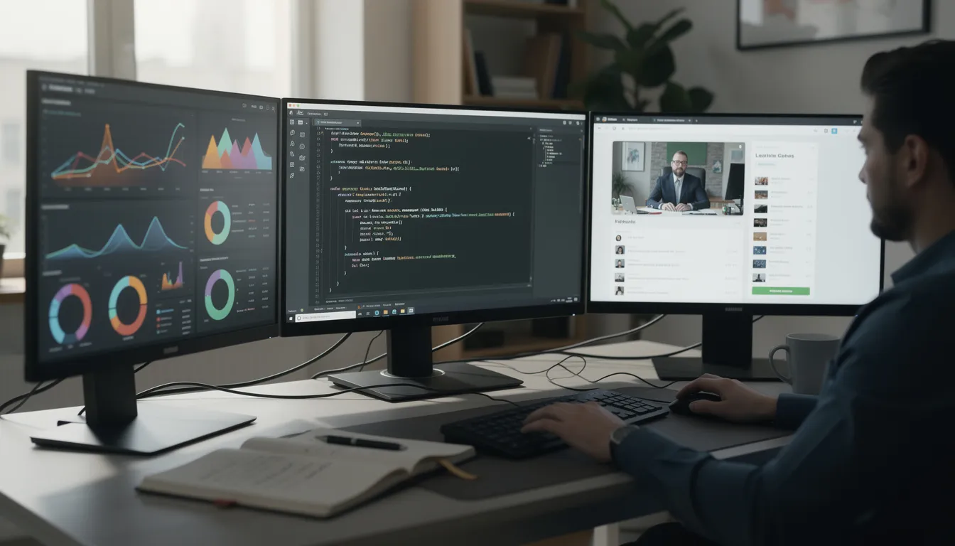 The image depicts a professional engaged in learning at a computer workstation, equipped with multiple screens displaying code, data analytics, and various learning platforms. This setup highlights the importance of developing technical skills and expertise in new and emerging technologies, which are essential for success in the evolving job market and the future of work.